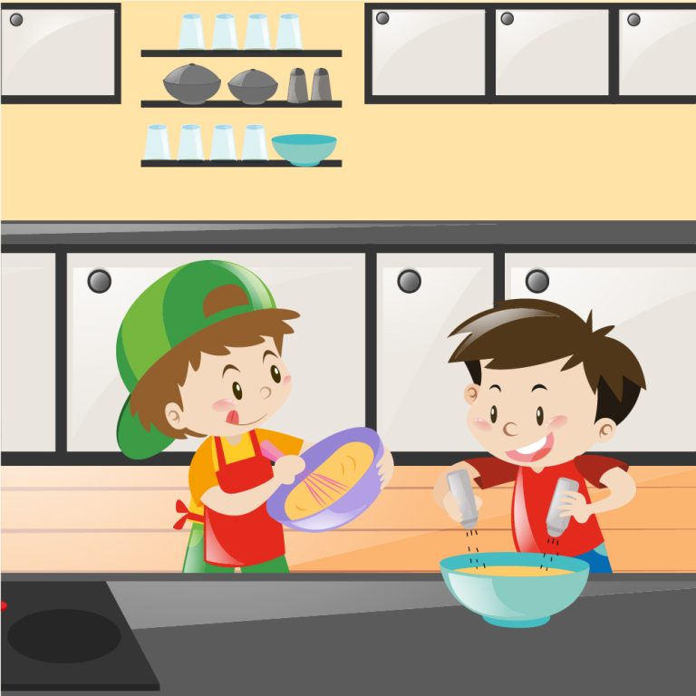 two young boys baking in the kitchen